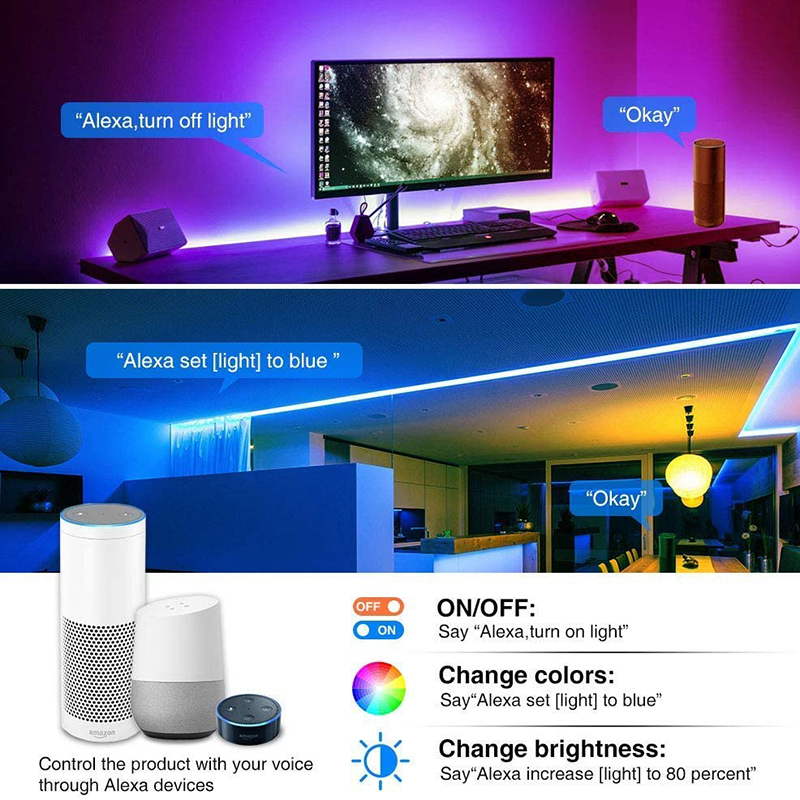 DC12V 16.5ft/5m RGB WiFi Smart Control Flexible LED Strip Light Kit, 30LEDs/M, Work With Alexa & Google Assitant DC12V 16.5ft/5m RGB WiFi Smart Control Flexible LED Strip Light Kit, 30LEDs/M, Work With Alexa & Google Assitant